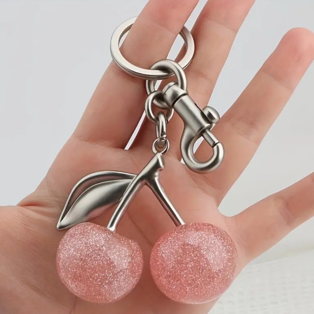 Pink Sparkling Resin and Silver Metal Cherry Keychain Bag Charm for Purse